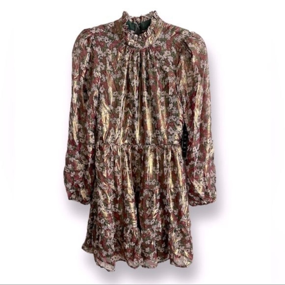 NWT TRIXXI Smock Neck Long Sleeve Metallic Floral Mini Dress Sz. Medium - Picture 5 of 13